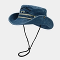 Washed denim cowboy hat with letter embroidery and chin strap for sun protection - One Size / Blue