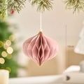 Pink honeycomb paper Christmas ornament with gold glitter edges and white pearl, 10cm height - Light Pink Christmas Paper Ornament Style B