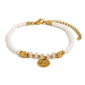 White beaded bracelet with gold hammered coin pendant and 18K gold plated stainless steel - Gold-White