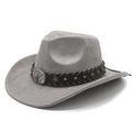 Detail of gray suede cowboy hat featuring a vintage bull head and star metal buckle - M(56-58cm) / Grey Suede