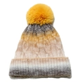Detail of cable knit beanie featuring a vibrant yellow faux fur pompom and ombre grey design - M (56-58cm) / Gray Ginger Beige Gradient (B)