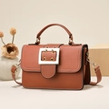 Minimalist brown leather small square bag with gold buckle and adjustable strap - Earthy Yellow