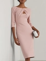Vestido midi ajustado rosa palo con elegante escote de nudo y aberturas y manga al codo - S / Rosa