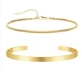 Mens double layer gold plated snake chain bracelet and smooth C-shaped bangle set - Gold C-Bangle + Round Snake Chain
