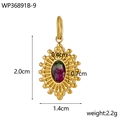 Detail view of oval sunburst gold pendant with inlaid turquoise stone and size dimensions - Gold/Magenta Stone