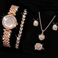 Luxury rose gold women watch set with sparkling rhinestones and matching jewelry pieces - Rose Gold Watch Necklace Bracelet Earrings And Ring Set (No Box)