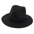 Detalle de un sombrero Panamá negro de paja con banda de cuero y hebilla dorada - Talla Única (Paja Plana) / Negro (Banda de Cuero Negro)