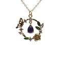 Collier doré en cristal avec pendentif papillon et fleur avec pierre violette - Bleu
