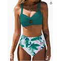 Two-piece dark green bikini with tropical leaf print high waist bottom and twist knot top - S / Green