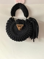 Bohemian black hand-woven round crochet bag with chunky handle and large tassel detail - Black