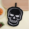 Halloween skull hand towel in thick black coral fleece with white embroidery and hanging loop - Black Skull