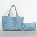 Light blue woven tote bag set with matching inner pouch and leather texture detail - Sky Blue