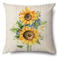 Linen sunflower pillow cover with watercolor bouquet on wooden texture background - 45x45cm Pillow Cover / Sunflower Blue Flower Wood-4 (21Y366-4)