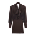Schokoladenbraunes langärmeliges Plissee-Minikleid mit eleganter Schleife am Hals und Taille - XS / Kaffeebraun