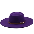Solid purple wool felt boater hat with 9.5cm wide brim and brown leather buckle strap - M (56-58cm) / Purple