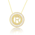 Gold plated round pendant necklace with zircon letter R on elegant box chain - Gold Letter-R