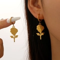 Detail of golden rose earrings with intricate petal textures worn by a model - Gold Rose Drop Earrings (5525)