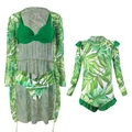 Matching green palm leaf print bikini set and kids long sleeve swimsuit with ruffles - Q241201 Green / 104