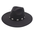 Detail of black fedora hat with vintage silver embossed metal disks and studs on band - Dark Gray