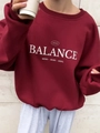 Oversized μπορντό φούτερ με λαιμόκοψη και τύπωμα Life in Balance σε χαλαρή γραμμή - S / Μπορντό (Λεπτό)
