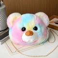 Rainbow gradient faux fur teddy bear head crossbody bag with elegant gold chain strap - Tie-Dye Pink Blue