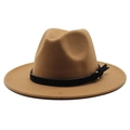 Cappello fedora classico in lana cammello a tesa larga con cinturino in pelle nera - M (56-58cm) / Caffè Chiaro
