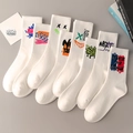 Pack of 7 white cotton crew socks featuring colorful street graffiti art and ribbed cuffs - 8 Pairs (Styles 2, 4, 8-12, 14)