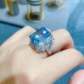 Elegant silver ring featuring a large rectangular blue gemstone with diamond pavé setting - Aquamarine Diamond [white Gold] Ljz-110 / Adjustable Open