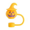 Yellow silicone pumpkin straw cover with purple face details for 10mm straws - Halloween Orange Pumpkin