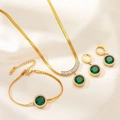 Titanium steel jewelry set featuring green crystal necklace, bracelet, and earrings in gold - Set 1-Round Emerald