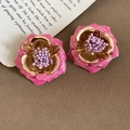 Macro detail of 3D rose pink flower earrings with gold metal base on vintage paper - Pink 3D Petal (S925 Silver Pin) / Pink