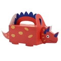 Red triceratops dinosaur gift box with yellow spots and a blue crest for party favors - Red