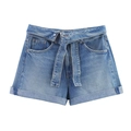 Pantaloncini di jeans a vita alta azzurri con cintura coordinata e orlo risvoltato - XS / Blu Denim