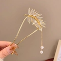 U-shaped hair pin in gold finish featuring rhinestone feathers and pearl pendants - Leaf Hair Stick Gold