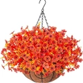 Hanging basket with orange-red artificial flowers and coconut palm liner in a metal frame - Sunset Red