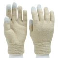 Detail of knit gloves with touch screen fingertips and thick ribbed cuffs on model - Beige