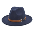 Detail of wool fedora hat with brown leather band and golden horsebit buckle - Navy Blue / M (56-58cm)