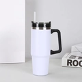 White 40oz stainless steel insulated travel tumbler with black handle and transparent straw - 30oz / White
