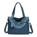 Detailed shot of the blue PU leather handbag showing zipper pockets and detachable strap - Dark Blue