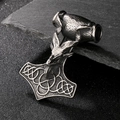 Vintage Thor's Hammer Mjölnir pendant with goat head and Celtic knots in silver finish - 78*54mm Goat Head Mjolnir (KP41369-D) / Antique Silver