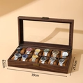 Caja para 12 relojes de madera de nogal con tapa de cristal y almohadillas de terciopelo - Caja de reloj de 12 ranuras de PU con veta de madera (con almohadas suaves)