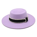 Detail of purple wool felt boater hat with black ribbon and white woven lace trim - Taro Purple