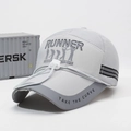 Grey outdoor fishing hat with RUNNER print, wide brim, and white adjustable windproof cord - Adjustable / Light Gray