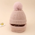 Detailed knit texture of pink baby beanie and scarf set with soft faux fur pompom - Pink