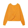 Ginger yellow long sleeve knit sweater featuring a V-neck and stylish twist knot detail - S / Orange