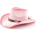 Sombrero cowboy de paja rosa con ala ancha curvada y banda de cuero con conchas - M (56-58cm) / Blanco Rosa Spray