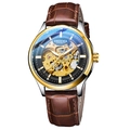 Mechanical skeleton men's watch with gold-tone bezel and brown leather strap - Brown Leather Strap Gold Case Black Dial