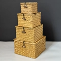Set of 4 woven seagrass storage baskets with lid and toggle closure in natural finish - Small [14x14x9] / Natural Wood Color