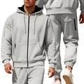 Men's grey thermal fleece hooded tracksuit set with zip jacket and matching pants - S / Light Gray