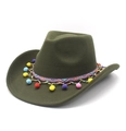 Détail d'un chapeau de cowboy vert olive avec ruban ethnique et pompons multicolores - M (56-58cm) / Vert Militaire